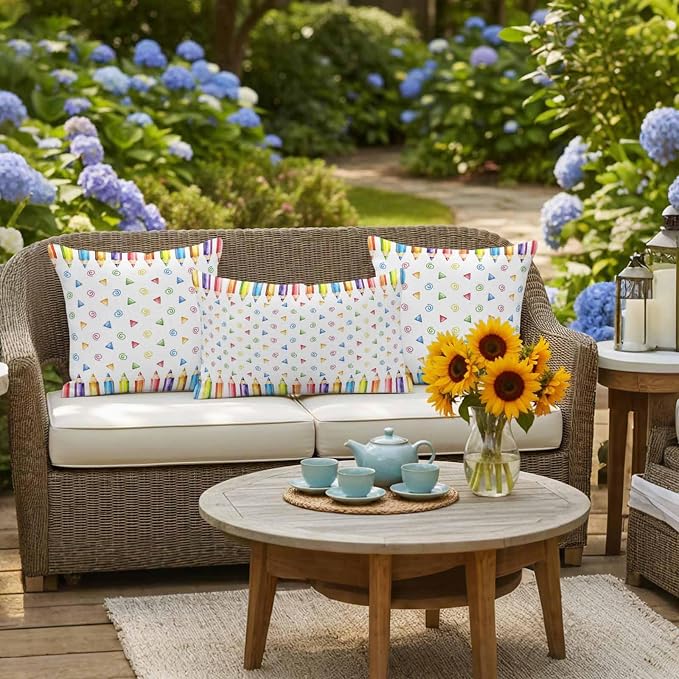 Back to School Waterproof Outdoor Pillow Covers Set of 2 Home Decor, Funny Colorful Pencil Building Blocks Pillowcase Patio Pillow Covers for Couch Bench Furniture Garden 18x18in
