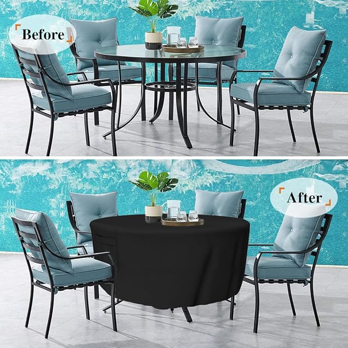 Tuyeho Round Patio Furniture Cover, Durable Oxford Fabric for Outdoor Round Table, Waterproof, UV & Rip Resistant Patio Table and Chairs Set Cover, 62"DIA x 28"H Black