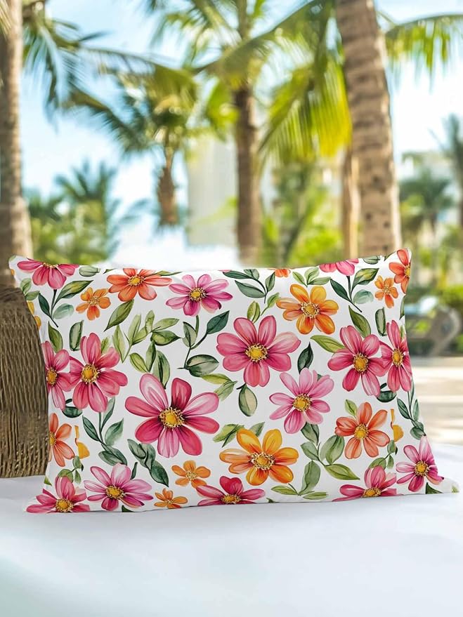 Outdoor Waterproof Throw Pillows Spring Watercolor Wild Flower Patio Pillows,Decorative Pillow Covers with Insert,Pillow Cushion Case for Garden Couch Sofa Country Small Pink Flower