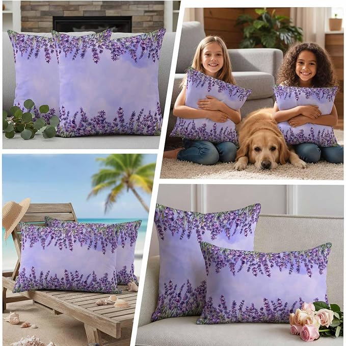 Outdoor Waterproof Throw Pillow Covers Set of 2 Lavender Spring Flowers Pillowcases 16x16 Inches Purple Floral Leaves Decorative Pillows Cushion Case Patio Pillows for Couch Bed Chair Garden