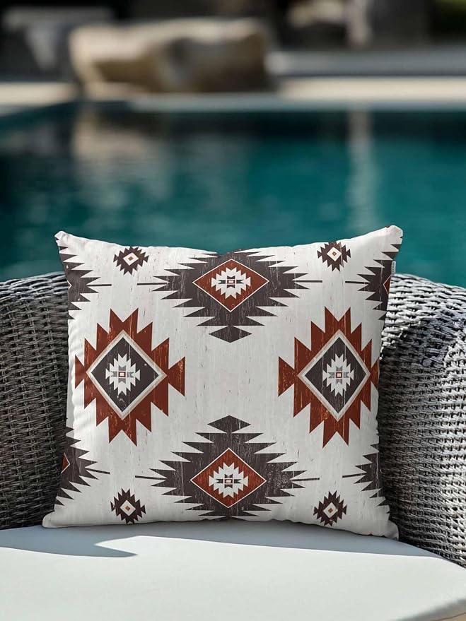 Waterproof Outdoor Pillow 1 Pack Red Brown Boho Aztec Decorative Throw Pillows Cover & Insert 16x16 Inch Pillowcase Southwest Tribal Style Pillows for Couch Sofa Bed Patio Furniture Indoor Outdoor