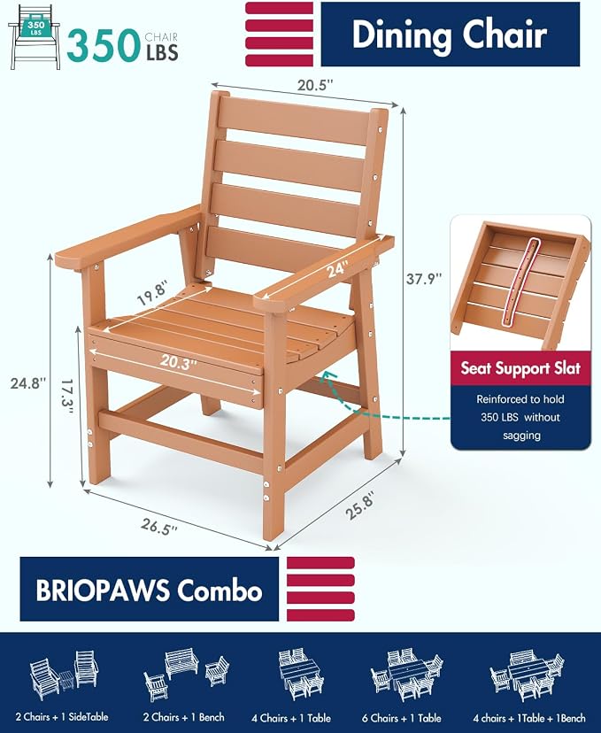 BRIOPAWS Outdoor-Dining-Chair | HDPE | Teak | Patio Chairs with Arms | Modern | All Weather | Oversized & Comfortable | for Deck Backyard Poolside Porch