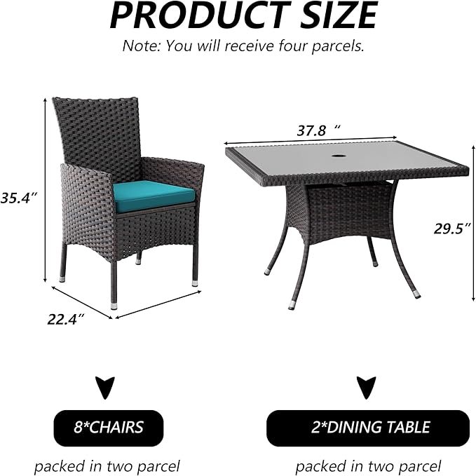 Kullavik 10 Pieces Outdoor Dining Set Patio Rattan Furniture Set,Patio Dining Table and Chairs Set with 8 Chairs and Cushions,Square Glass Tabletop with Umbrella Hole for Patio,Backyard,Blue