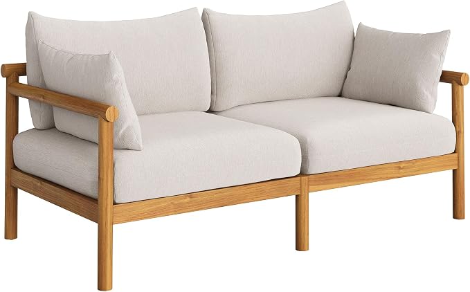 Modway Eleni 5-Piece Outdoor Teak Wood Patio Furniture Set in Natural Sail – Backyard Conversation Set with Loveseat, 2 Armchairs, Side Table, and Coffee Table