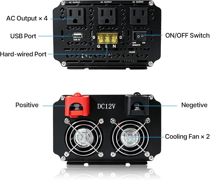 5000 Watt Power Inverter 12V to 110V/120V DC to AC Converter 10000W Peak, with Remote Control & LCD, 4 AC Outlets & USB Ports & Hardwire Terminal for Vehicle Car Truck Boat RV Camping Solar System EPS