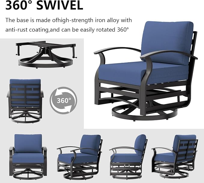 Outdoor Patio Furniture Set, 3 Piece Aluminum Metal Chairs Swivel Rocker, Overstuffed Washable Cushions Bistro Set for Porch, Balcony, Deck, Garden Navy