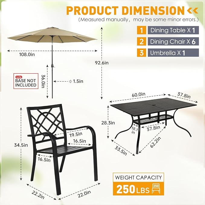 7 Piece Outdoor Patio Dining Set with Umbrella, Patio Metal Furniture Set Outdoor Rectangular Dining Table with 9 FT Patio Umbrella & Stackable Backyard Garden Chairs