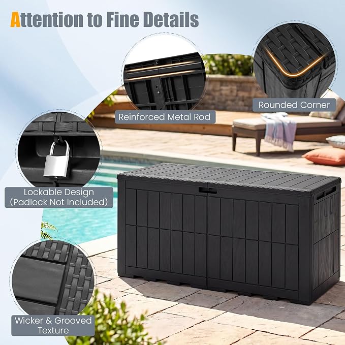 HAPPYGRILL 120 Gal Outdoor Deck Box, Lockable Storage Bin with Lid and Handles, Waterproof and Sun-Protective Patio Bench and Storage Box for Garden Tools Pool Supplies (Black, 120Gallon)