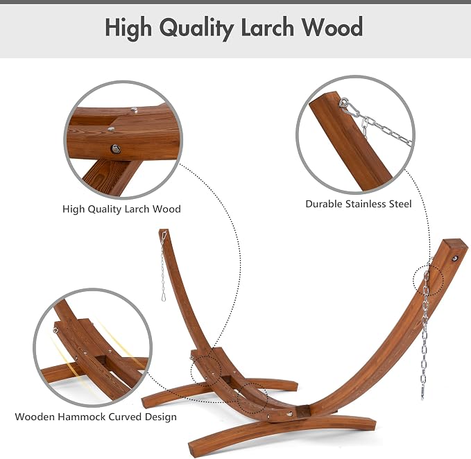 ANOW 13.5FT Curved Wood Stand with Portable Hammock, Heavy Duty Larch Wood Arc Stand with 2 Chains, 4 Balance Ropes and 4 Carabiners, Includes Gray Hammock with Spreader Bars