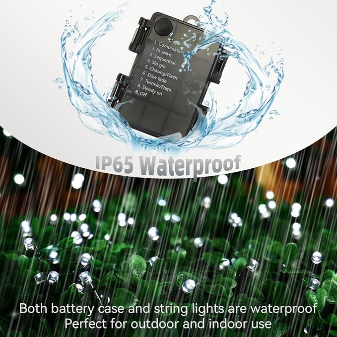 Outdoor Indoor Christmas String Lights 33Ft 100LED Battery Fairy Lights Waterproof Remote Timer 8 Modes for Garden Party Holiday Xmas Trees Decor (Cold White)
