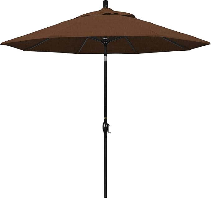California Umbrella 9' Round Aluminum Market Umbrella, Crank Lift, Push Button Tilt, Black Pole, Teak Olefin