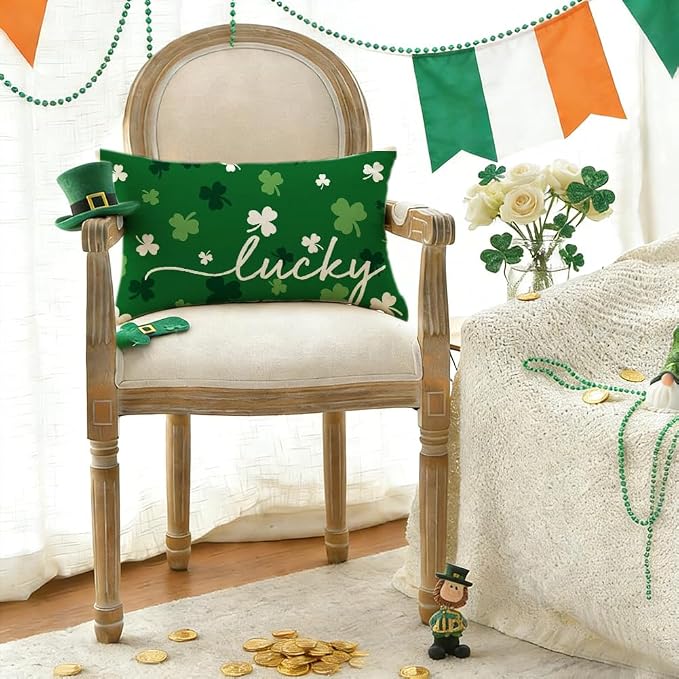 RABUSOFA St.Patricks Day Pillow Covers 12x20 Inch Indoor Outdoor Waterproof,Shamrock Decorations Holiday Spring Decorative Pillow Case Decor for Sofa Couch Patio Green