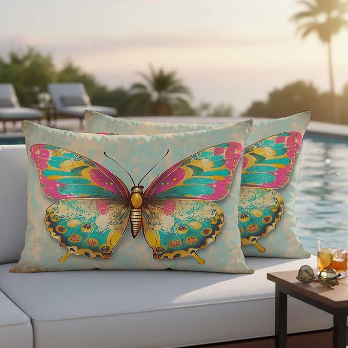 Watercolor Butterfly Outdoor Waterproof Throw Pillow Covers Set of 2, 20"x12", Corlorful Vintage Texture Decorative Pillow Covers Outside Cushion Case for Patio Porch Garden