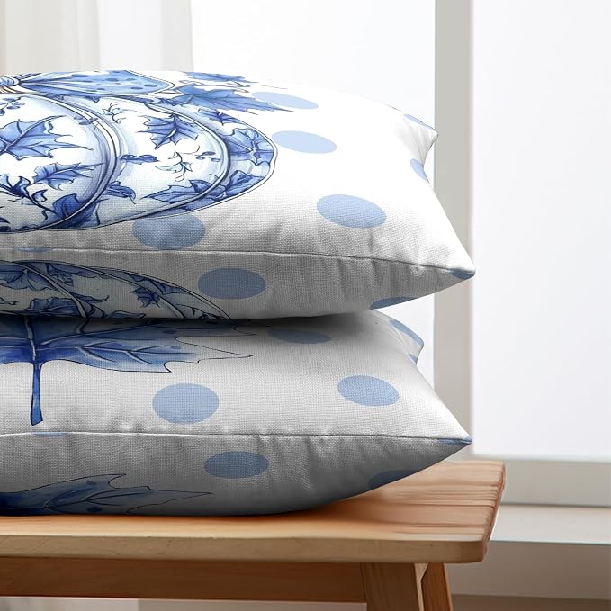 Fall Lumbar Pillow Covers Blue and White Porcelain Maple Leaf Pumpkin Throw Pillow Covers 12x20 Set of 2 Autumn Blue Polka Dot Pillowcase Thanksgiving Cushion Case for Couch Sofa