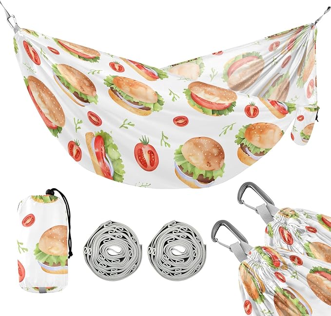 Camping Hammock Outdoor Hammocks for Outside Hamburger Tomatoes Beach Trees Portable Lightweight with Pockets Tree Straps Indoor Small