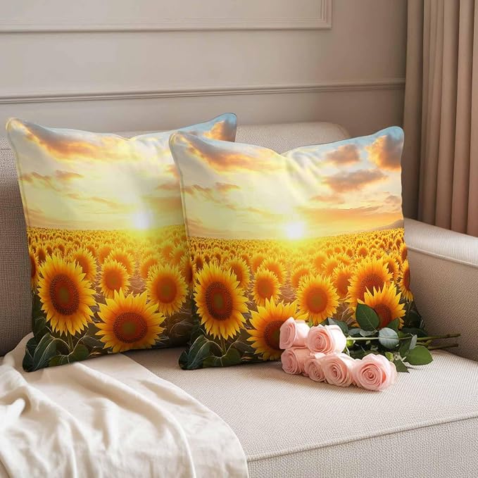 Sunflower Floral Waterproof Outdoor Pillow Covers Set of 2 Home Decor, Summer Pastoral Botanical Flowers Pillowcase Patio Pillow Covers for Couch Bench Furniture Garden 16x16in