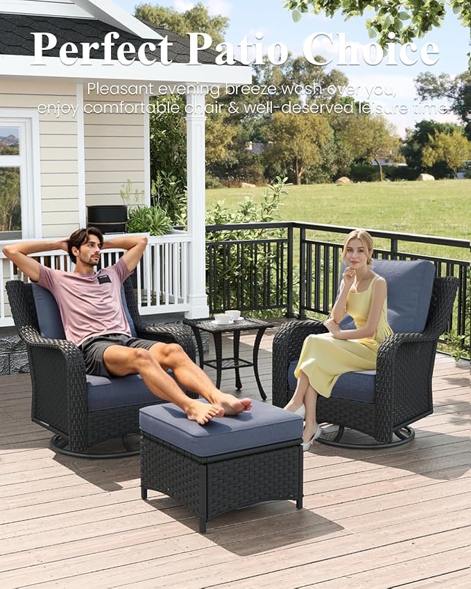 LayinSun 8 Piece Wicker Outdoor Furniture Set with 6-inch Comfy Cushions, High Back Patio Furniture Set with Swivel Rocking Chairs and Fire Pit Table