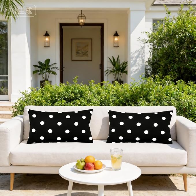 SquarePie Pack of 2 Outdoor Lumbar Pillow Covers Waterproof Decorative Throw Pillowcase Patio Cushion Covers Cases for Spring Garden Couch Balcony Bench Sofa,12x20 inch Black Polka Dot