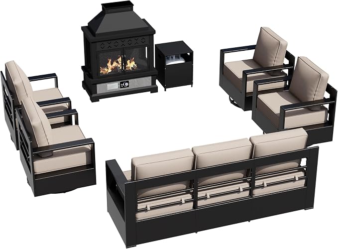 Outdoor Aluminum Furniture Set, 5-Piece Patio Conversation Set, 4 Swivel Chairs, 1 Sofa and 1 Fireplace, All-Weather Metal Frame, 6" Thick Removable Cushions, Deep Setting for Garden, Porch