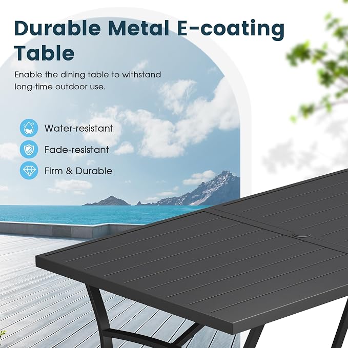 7 Pieces Patio Dining Set, 63" Rectangular Dining Table with Umbrella Hole, 6 Stackable Textilene Fabric Chairs, Metal Structure for Patio, Porch, Garden(Black Table, Brown Chair)