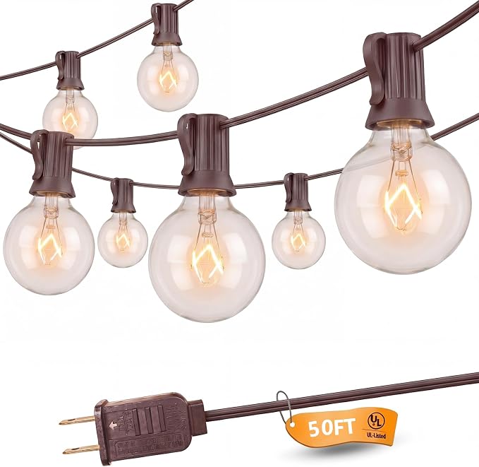 SUNSGNE 50Ft Outdoor Edison String Lights G40 Connectable Globe Lights with 53 Clear Globe Bulbs(3 Spare) for Indoor Outdoor Commercial Decor, 50 Hanging Sockets, 5W/E12 Base, Brown Wire