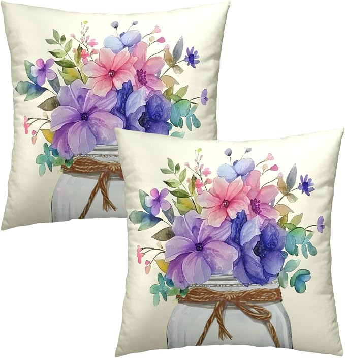 Summer Floral Throw Pillow Covers 18x18 Inch Set of 2 Purple Pink Wildflower Summer Flower Leaf Decorative Cushion Cases for Sofa Couch Bed Home Outdoor Decorations