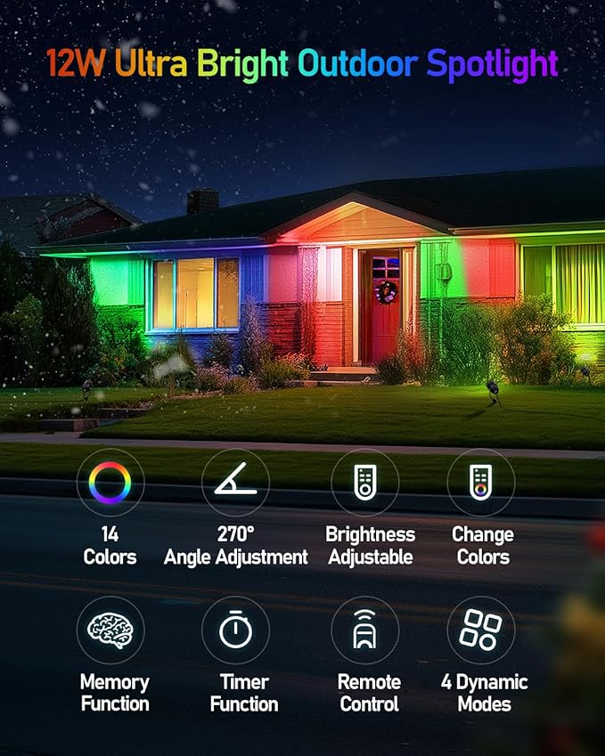 HIBOITEC 12W Christmas Spotlight Outdoor with Plug Timer Color Changing 120V Landscape Lighting Waterproof Dimmable LED Spot Light for Yard Christmas Outside House Garden Tree Decoration 2Pack