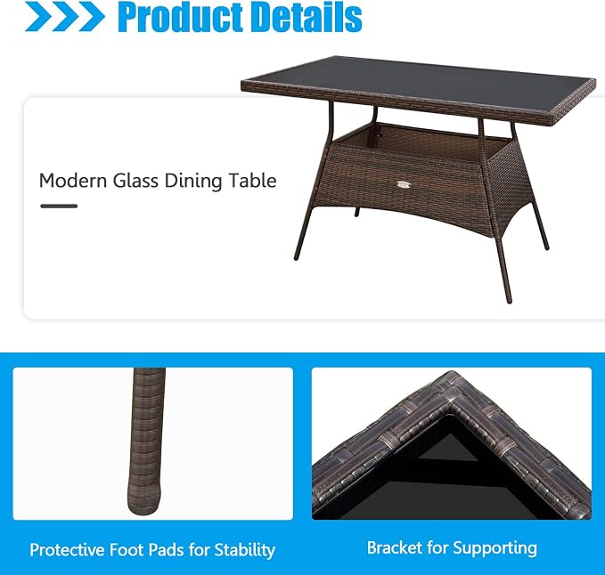 10 Pieces Patio Wicker Dining Set Outdoor Furniture, Outdoor Rattan Table and Chairs with Tempered Glass Table-top & Padded Cushions, Patio Furniture Sets for Backyard, Balcony (Brown)
