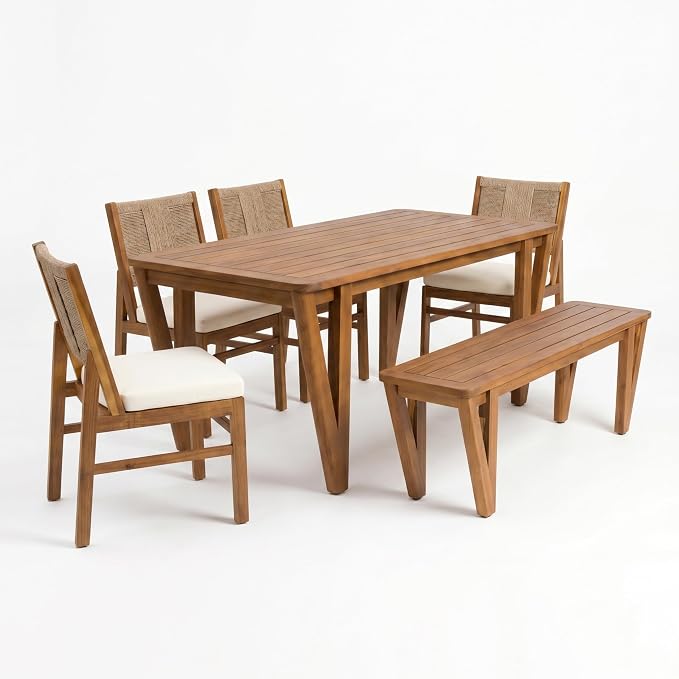 Christopher Knight Home Alan Acacia Wood Patio Dining Set with Bench, Solid Wood Outdoor Dining Table Set for 6, Outdoor Dining Set with Water-Resistant Cushion, Teak+Cream+Brown