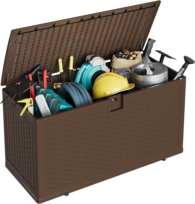 Waterproof 73 Gallon Outdoor Storage Box – Lockable Resin Deck Organizer for Patio, Garden, Poolside – Cushions, Tools & Equipment – UV Resistant – Brown, Imitation Rattan