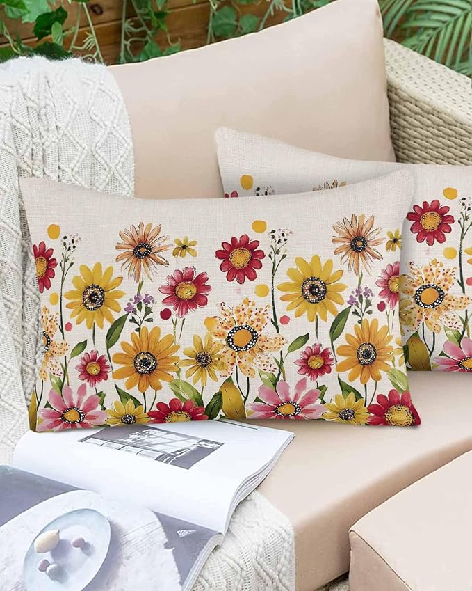 Outdoor Waterproof Pillow Covers for Patio Furniture Pink Purple Floral Decorative Throw Pillow Cover Red Yellow Flowers Pillowcases Set of 2 Cushion Case for Sofa Couch Chair Home Decor 20"x12"