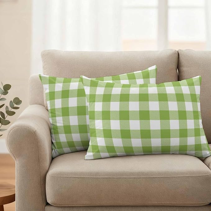 Outdoor Throw Pillow Covers,Farmhouse Plaid Design Waterproof Decorative Pillowcases Cushion Cover Green and White Grid Pillow Cases for Patio Couch Sofa Bed,20x12in Set of 2
