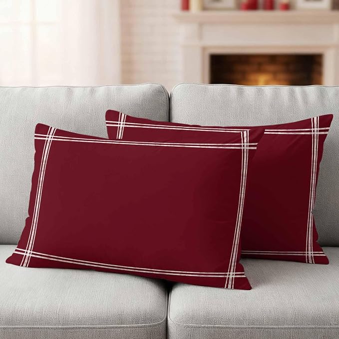 Outdoor Pillow Covers,Wine Red Dark Maroon Decorative Throw Pillow Cover Waterproof Pillowcase Set of 2,Linen Cushion Case for Sofa Couch Bed 20x12 Inch,Burgundy Red