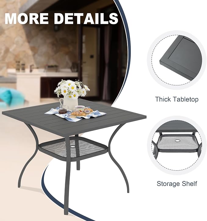 VICLLAX Patio 5 Pieces Outdoor Dining Set for 4, Wrought Iron Metal Outdoor Table and Chairs Set, 38" Square Table with Umbrella Hole and 4 Stackable Chairs for Lawn, Garden, Porch, Dark Grey/Grey