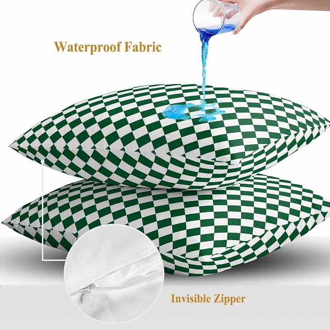 Outdoor Throw Pillow Cover Modern Green White Diamond Waterproof Cushion Covers 2 Pack Minimalist Geometric Plaid Pillow Cases Home Decoration for Patio Garden Couch Sofa