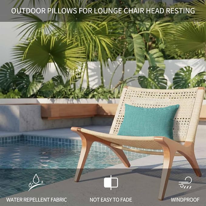 Teal Outdoor Lumbar Pillows 11x16 Set of 2, Farmhouse Burlap Solid Green Color Modern Linen Texture Waterproof Throw Pillow Covers with Insert, Decorative Pillowcase Cushion for Couch Sofa Bed