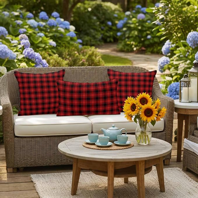 Red Black Plaid Waterproof Outdoor Pillow Covers Set of 2 Home Decor Vintage Farmhouse Abstract Buffalo Check Pillowcase Patio Pillow Covers for Couch Bench Furniture Garden 20x12in