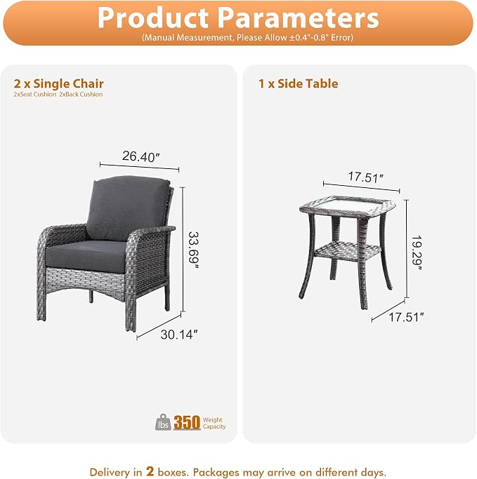 3 PCS Outdoor Patio Furniture Set with Side Table, All-Weather Rattan Wicker Outdoor Conversation Set with Thickened Cushions for Balcony Backyard Garden Lawn,Black