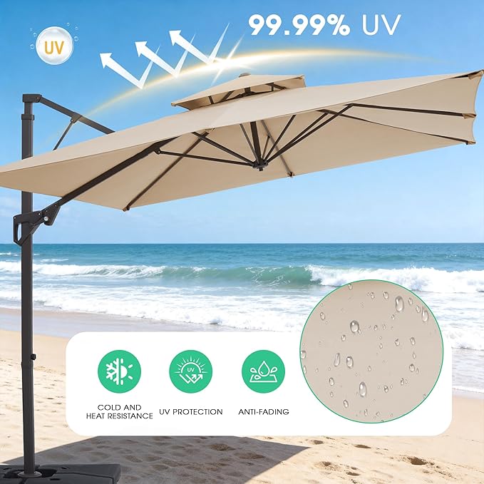 JEAREY 12ft 2-Tier Cantilever Patio Umbrella, Large Square Outdoor Offset Umbrella with Double Top Vent and 360-degree Rotation for Garden, Deck, Pool, Patio, Beige