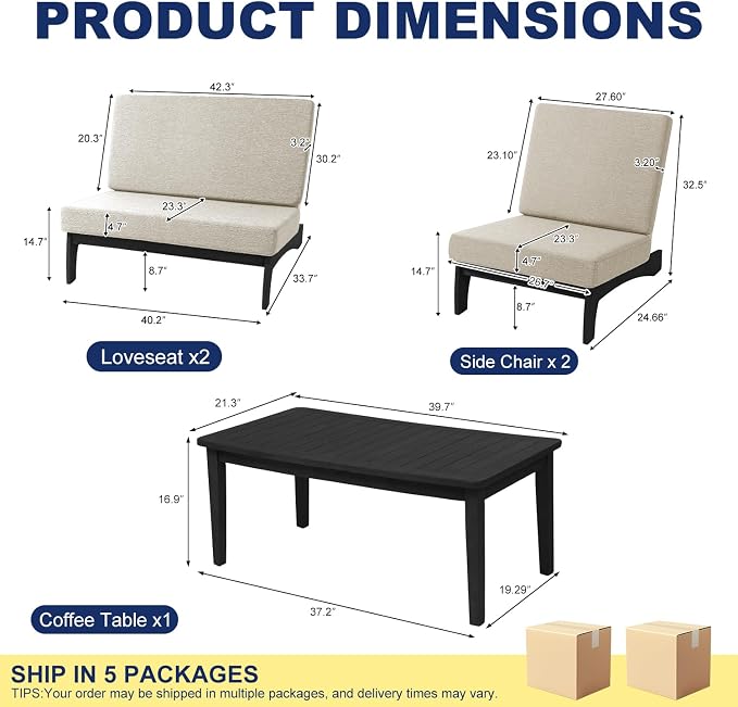 Pia Ricoo 4 Piece Patio Furniture Sets, Outdoor Furniture with 2 Chairs & Coffee Table, Patio Conversation Set for Backyard, Deck, Lawn, Light Camel, Dark Wood