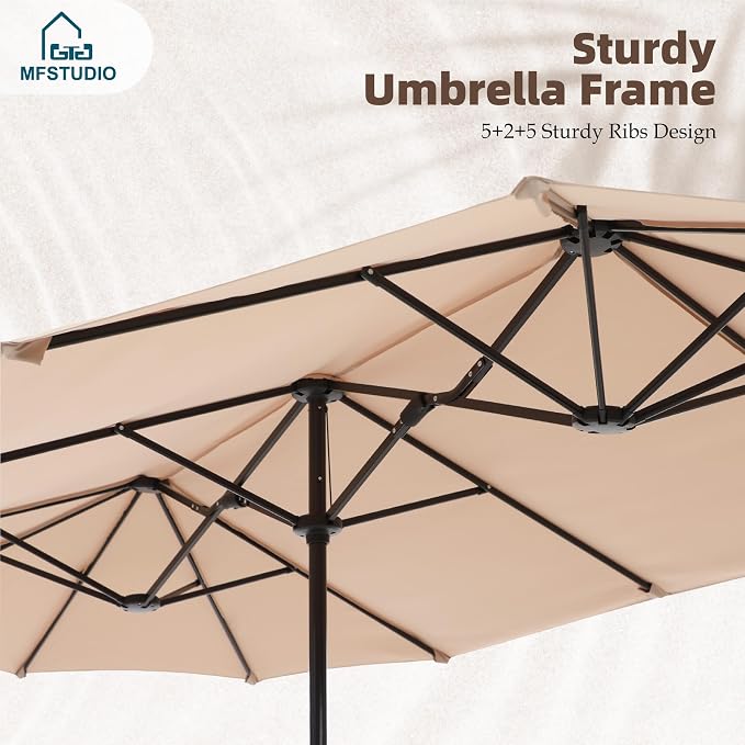 MFSTUDIO Patio Dining Set with Umbrella, Outdoor Dining Set for 6 Persons, Patio Furniture Set with 1 Rectangular Table Fixed Chairs 2 Swivel Chairs & Beige Umbrella (Base not Included)