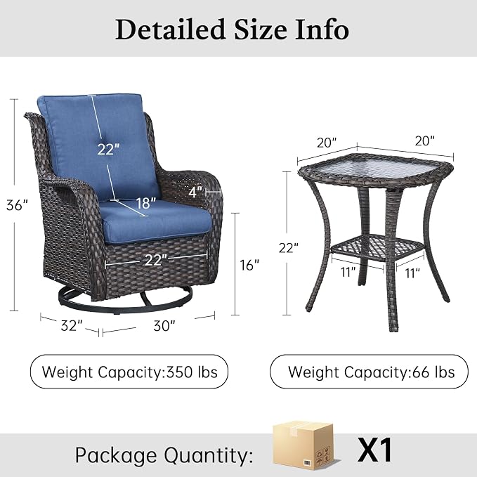 Outdoor Swivel Rocker Patio Chairs with Side Table 3 Pieces PE Wicker Patio Furniture Set for Porch Deck Balcony Garden