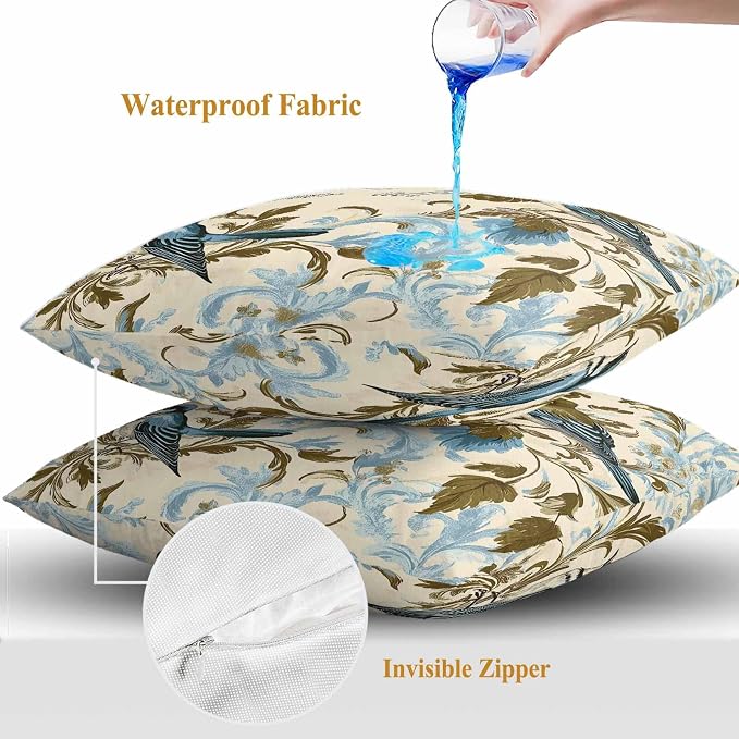 Vintage Bird Flower Outdoor Waterproof Throw Pillow Covers Set of 2, 24"x24", Watercolor Green Blue Floral Decorative Pillow Covers Outside Cushion Case for Patio Porch Garden