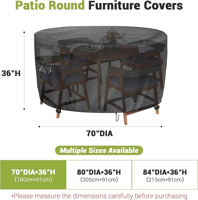 Heavy Duty Tall Round Patio Dining Table Cover, 70 Inch Waterproof Outdoor Furniture Cover for Bar Height Large Round Table and Chair Sets (Black, 70"DIAx36"H)