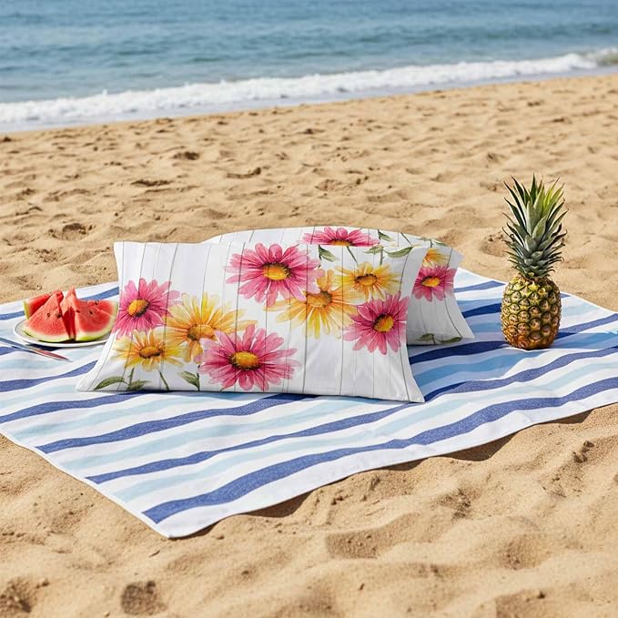 Yellow Pink Daisy Outdoor Pillow Covers 20"x12" Set of 2, Rustic Farmhouse Wooden Slats Waterproof Throw Pillow Covers for Patio Furniture, Decorative Cushion Covers for Porch