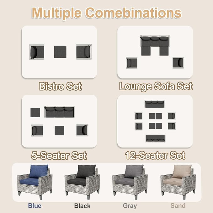 7 Pieces Patio Furniture Set with Ottomans, Modern Outdoor Sectional Sofa with Comfy Cushions, Modular Wicker Rattan Patio Conversation Set for Garden Poolside Deck, Black