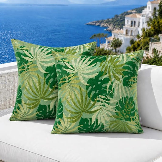 Outdoor Pillow Covers Waterproof Throw Pillow Covers, Set of 2 Jacquard Texture Water Resistant Fade Resistant Decorative Cushion Covers for Garden Patio Bench Couch Sofa, 18x18 Inch(Emerald)