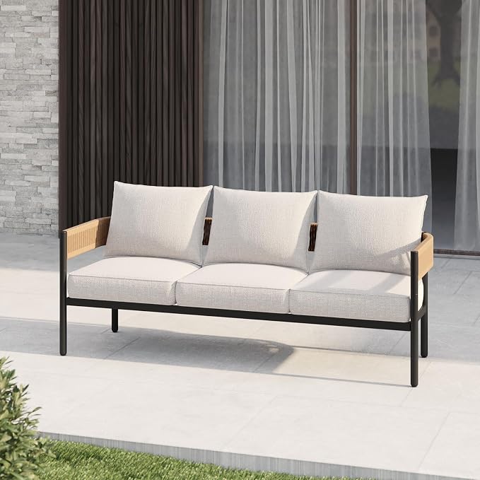 Gand Patio Outdoor 3-Seat Couch Sofa, Wicker Conversation Set with Thick Cushion for Porch, Garden, Yard, Natural