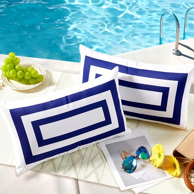JOJOGOGO 12x20 Navy Blue Frame Outdoor Lumbar Pillow Covers Waterproof & Sunproof Set of 2, White and Navy Outdoor Decorative Lumbar Throw Pillows for Patio Furniture and Porch Decor(Without Inserts)