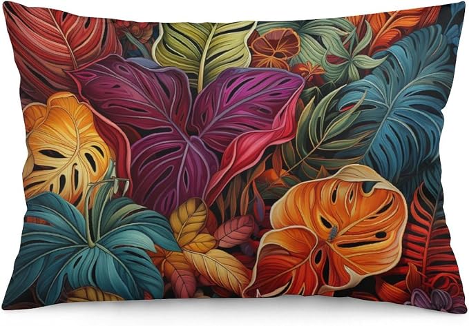 Cushion Case Tropical Flower Printed with Colorful Leaves Rectangle Pillow Covers 20"x30" Tropical Plants Pillow Protectors with Zipper Standard Size Zipper Pillowcase for Sofa Home Decor